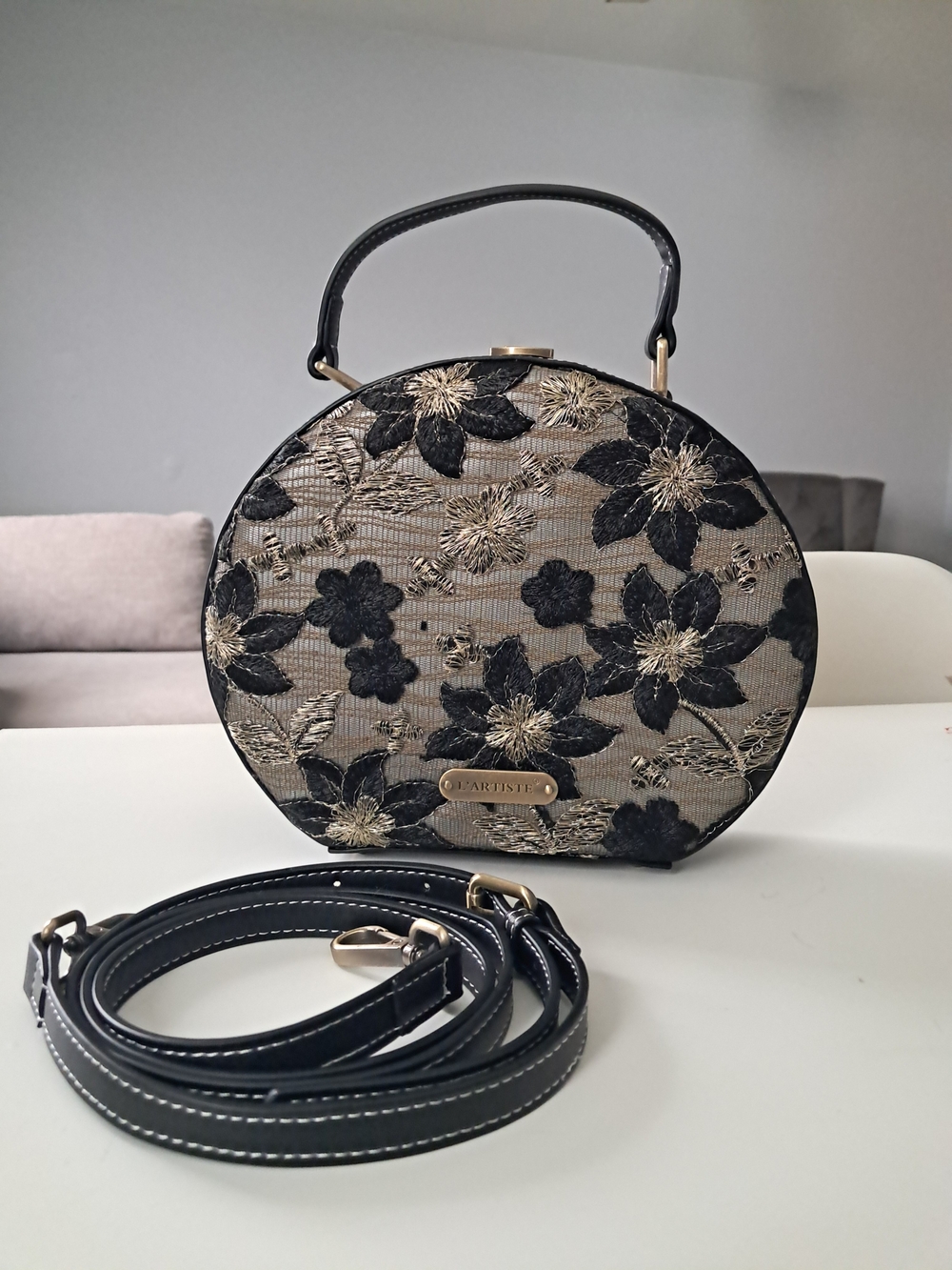 L'ATISTE Black & Gold Floral Round Top-Handle Bag